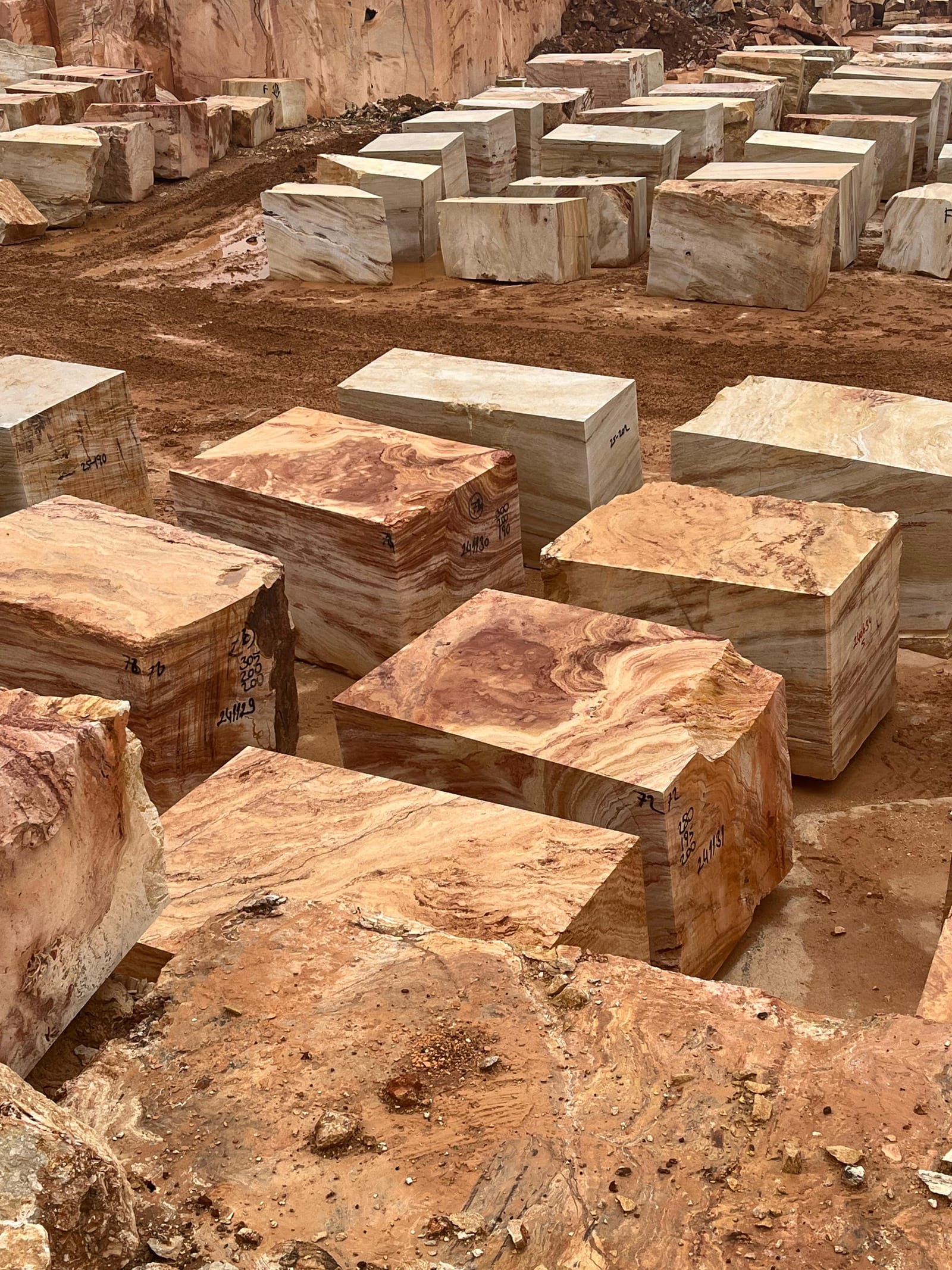 Rows of numbered natural stone blocks with red, gold and cream veining laid out in a quarry yard